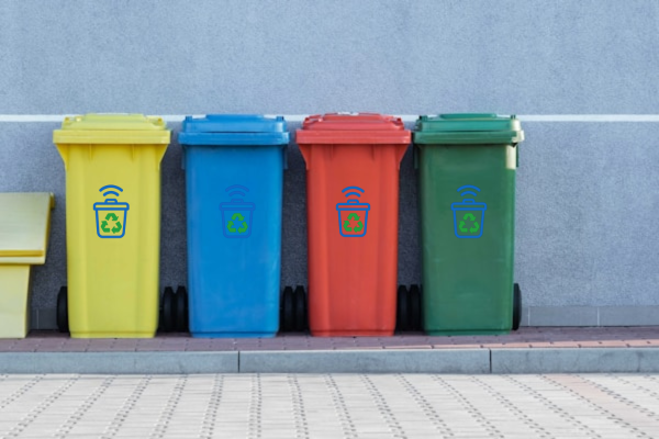 Four colorful waste collection bins showcasing scalable waste management solutions