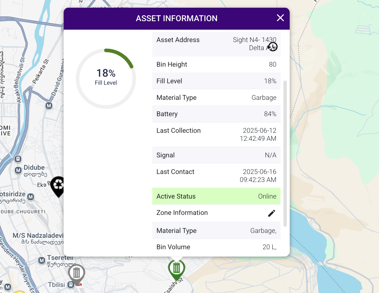 Asset Information Dashboard showing real-time bin monitoring with fill levels, battery status, and location data