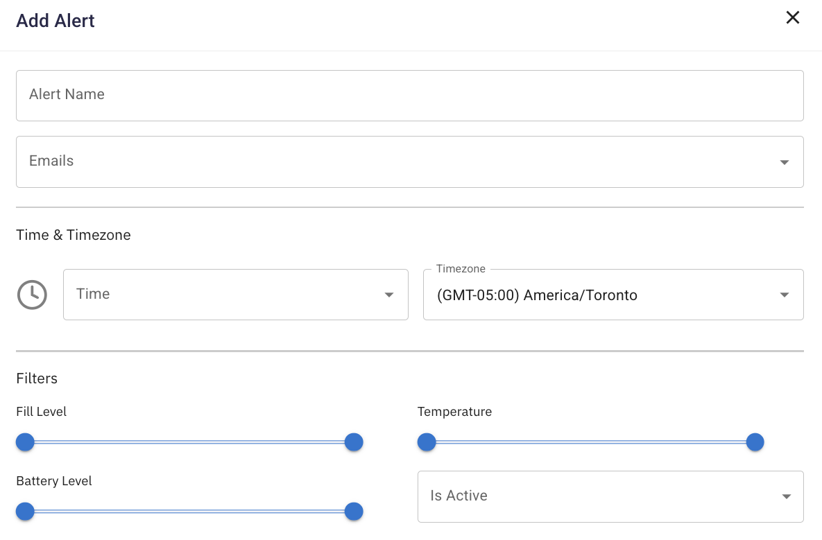 Add Alert interface showing customizable notification settings with filters for fill level, temperature, and battery level