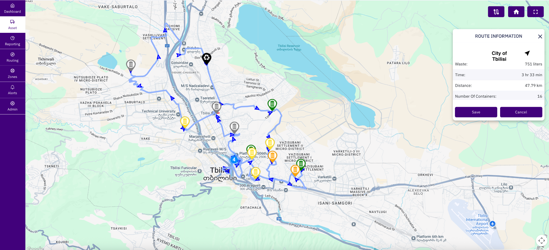 Interactive route optimization map showing collection routes and waste container locations